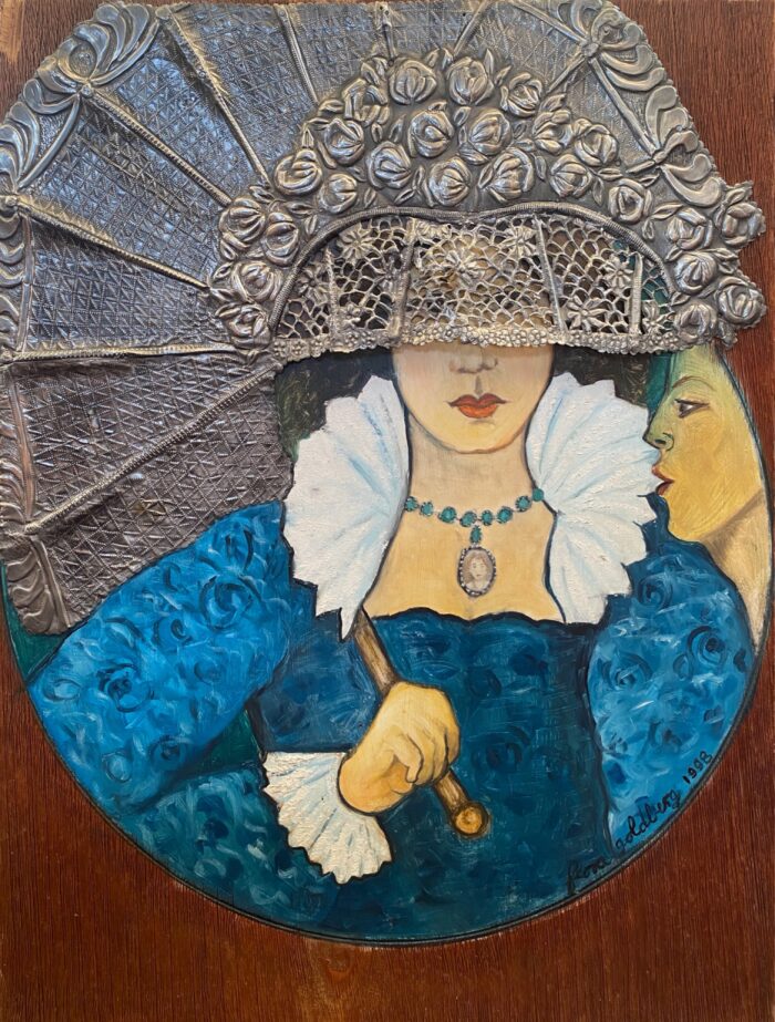 Flora Goldberg – Mujer con velo – Óleo y estaño repujado sobre tabla de caoba